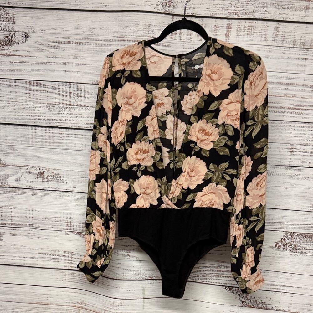 Reformation Chandler Floral Bodysuit Small Small Pink Black Long Sleeves - Picture 3 of 8